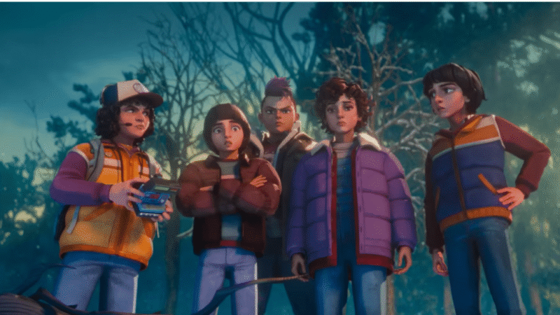 Cena da animação Stranger Things: Histórias de 85 com o grupo enfrentando novas ameaças