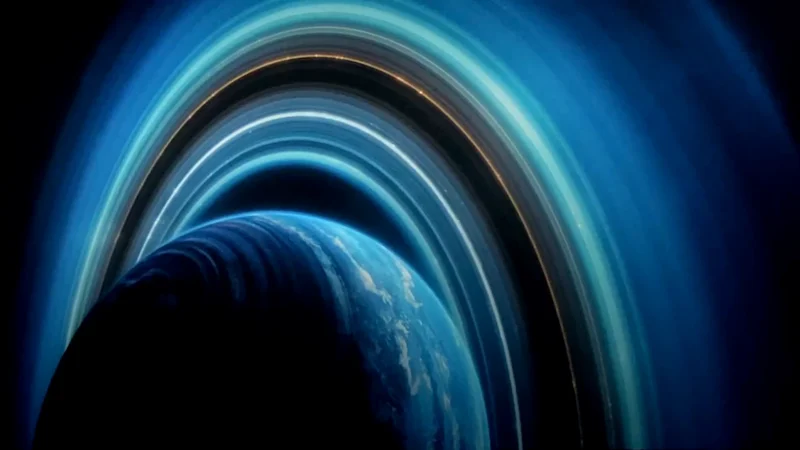 Planeta Erid com seus anéis azuis e brilhantes visto do espaço no filme Devoradores de Estrelas (2026).