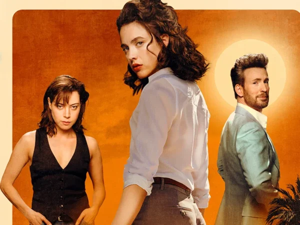 Pôster do filme Honey, Não! com Margaret Qualley, Aubrey Plaza e Chris Evans em um fundo alaranjado