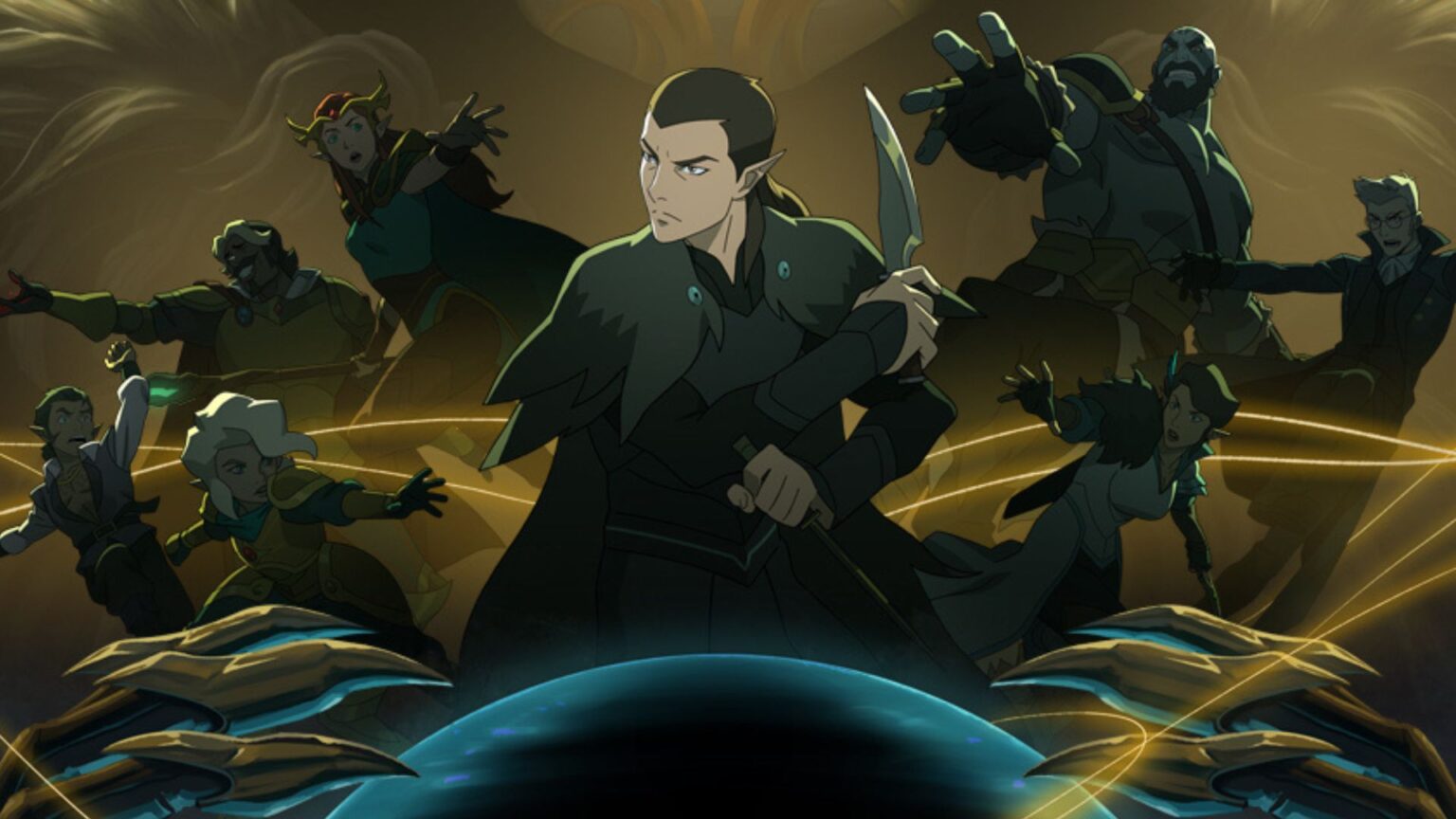 Vax'ildan segura uma adaga em destaque no centro enquanto o grupo Vox Machina se posiciona para o combate em cena da animação, ilustrando as novidades nos streamings.