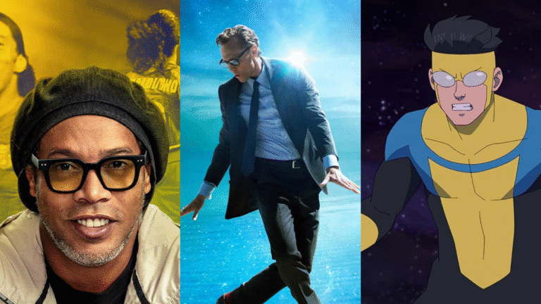 Montagem com três destaques de streaming: Ronaldinho Gaúcho sorrindo com boina, o ator Tom Hiddleston com terno e óculos em uma cena azulada, e o personagem Mark Grayson da animação Invencível em traje de herói.