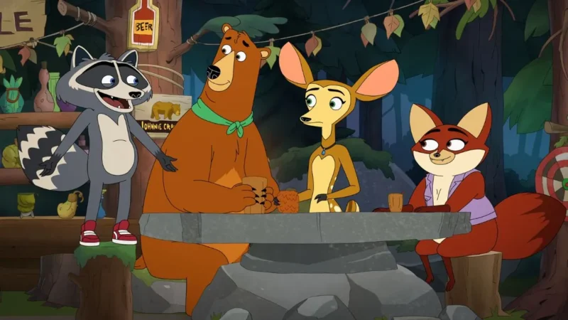 Personagens animais antropomórficos reunidos em um bar na floresta na animação Mating Season, destaque das estreias nos streamings da semana.