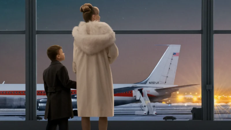 O que assistir nos streamings: cena do filme Aventuras nas Alturas (Propeller One-Way Night Coach) com mãe e filho observando um avião na pista.