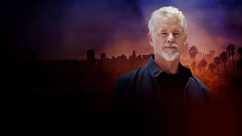 Retrato do ator Eric Dane em destaque contra um horizonte urbano ao entardecer no documentário Vida, Perda e Coragem