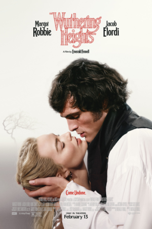 Pôster oficial de O Morro dos Ventos Uivantes 2026 com Margot Robbie e Jacob Elordi quase se beijando