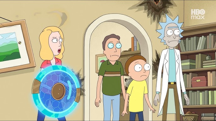 O que assistir nos streamings: cena da animação Rick and Morty com os personagens Beth, Jerry, Morty e Rick assustados na sala de estar.