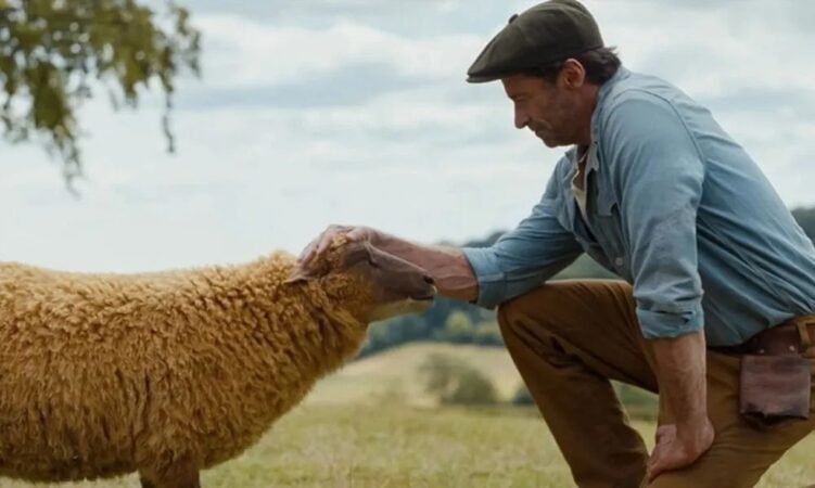 Hugh Jackman acariciando uma ovelha em cena de As Ovelhas Detetives para o artigo de favoritos de junho.