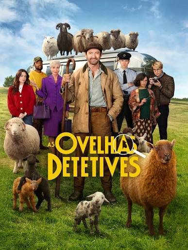 Poster oficial da série "As Ovelhas Detetives" com o elenco humano e várias ovelhas em um campo gramado.