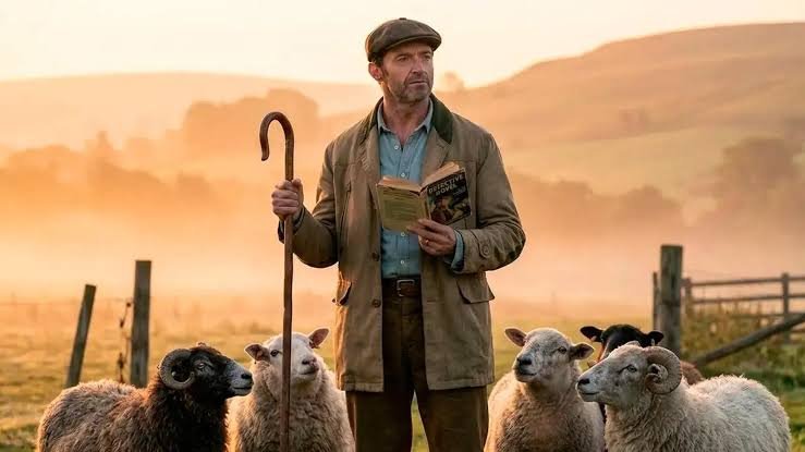 Hugh Jackman interpretando o pastor George Hardy em cena do filme "As Ovelhas Detetives", segurando um cajado de madeira e lendo um livro de romance policial cercado por seu rebanho de ovelhas.