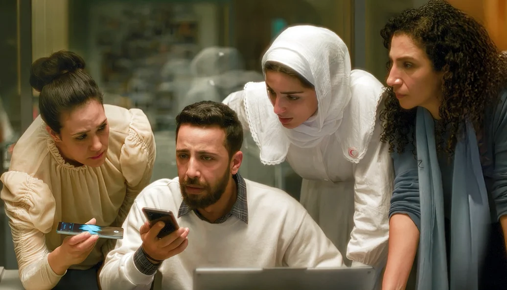 Grupo de pessoas olhando aflitas para o celular em cena dramática de A Voz de Hind Rajab, um dos favoritos de julho.