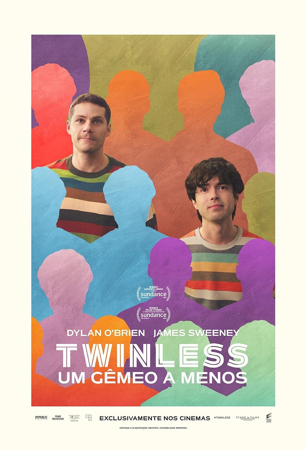 Pôster oficial do filme Twinless com Dylan O'Brien e James Sweeney entre silhuetas coloridas.