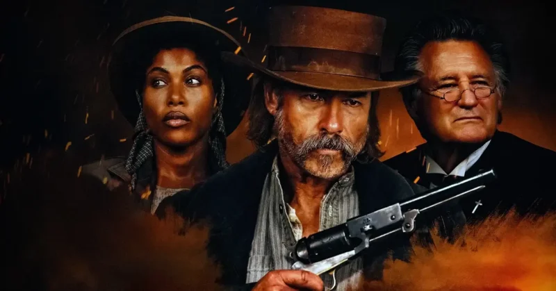 Os atores DeWanda Wise, Guy Pearce e Bill Pullman no pôster de Possuída no Deserto, destaque de filme no streaming em agosto.