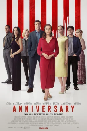 Pôster oficial do filme O Aniversário (2025) com a família Taylor e Liz.