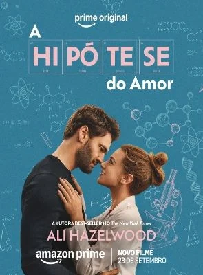 Cartaz de A Hipótese do Amor (2026), com Lili Reinhart e Tom Bateman abraçados sobre fundo azul com elementos científicos.
