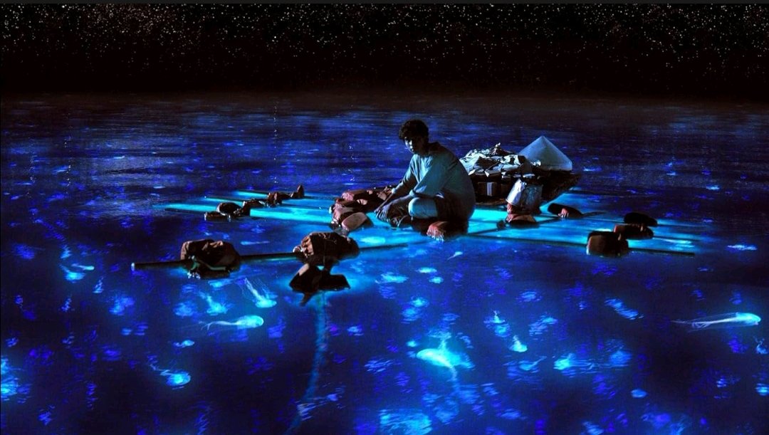 Suraj Sharma como Pi Patel em uma embarcação cercada por águas luminosas em As Aventuras de Pi, um dos filmes sobre o mar.