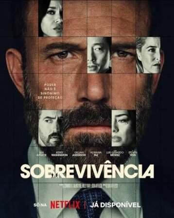 Cartaz de Sobrevivência 2026 com Ben Affleck e elenco em uma montagem de rostos fragmentados.