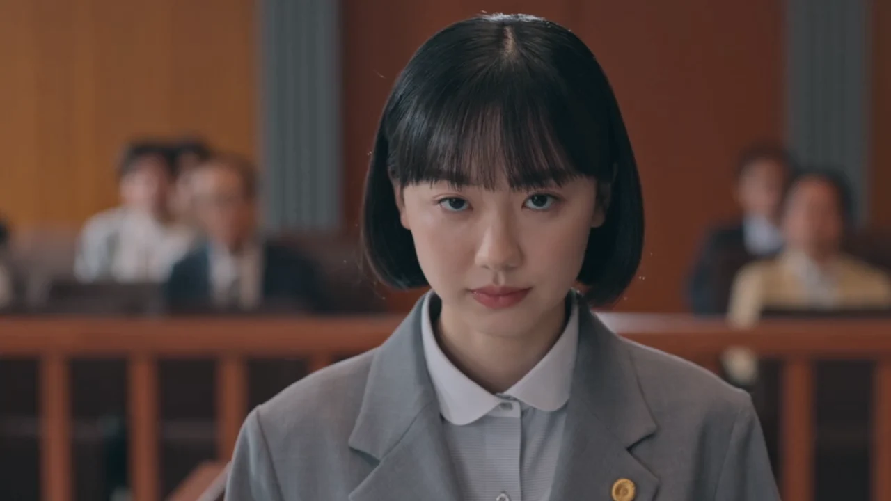 Mana Ashida como Minami Minamida em uma sala de audiência na série japonesa. Confira os episódios de Minami na Netflix.